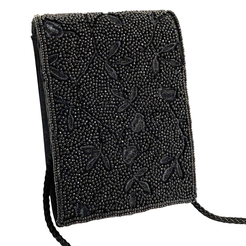Vintage black beaded evening bag dressy satin clutch purse retro 1990's mini